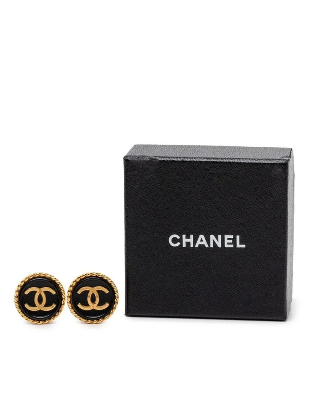 Chanel Vintage CC Logo Earrings Gold Black Plated